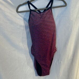 TYR One Piece Swimsuit Size 8 Pink Blue Stripe Athletic Diamondback UPF 50+